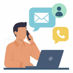 person answering phone whilst in front of a laptop communicating with others digitally